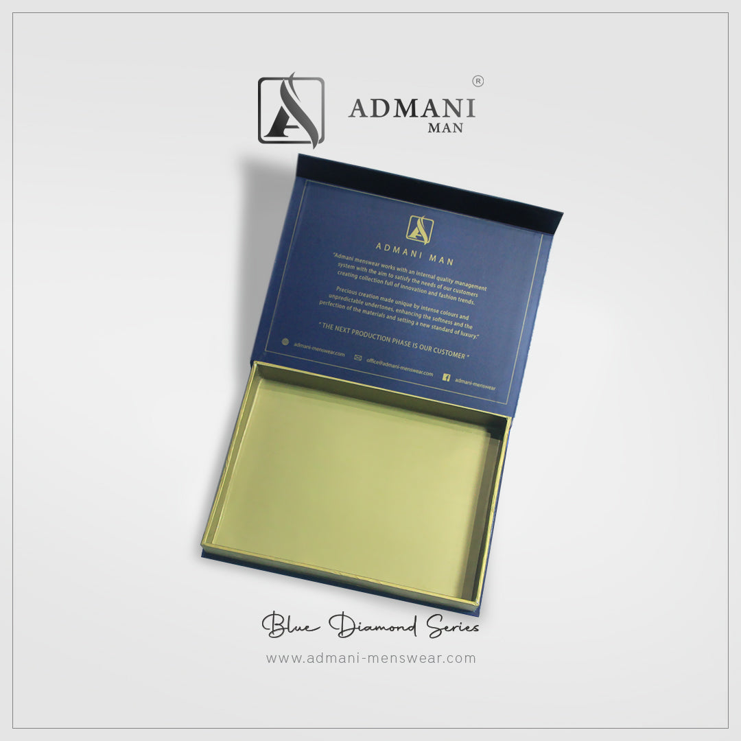 Blue Diamond Series open box showing gold luxury interior with magnetic closure for mens clothing pakistan by Admani Menswear