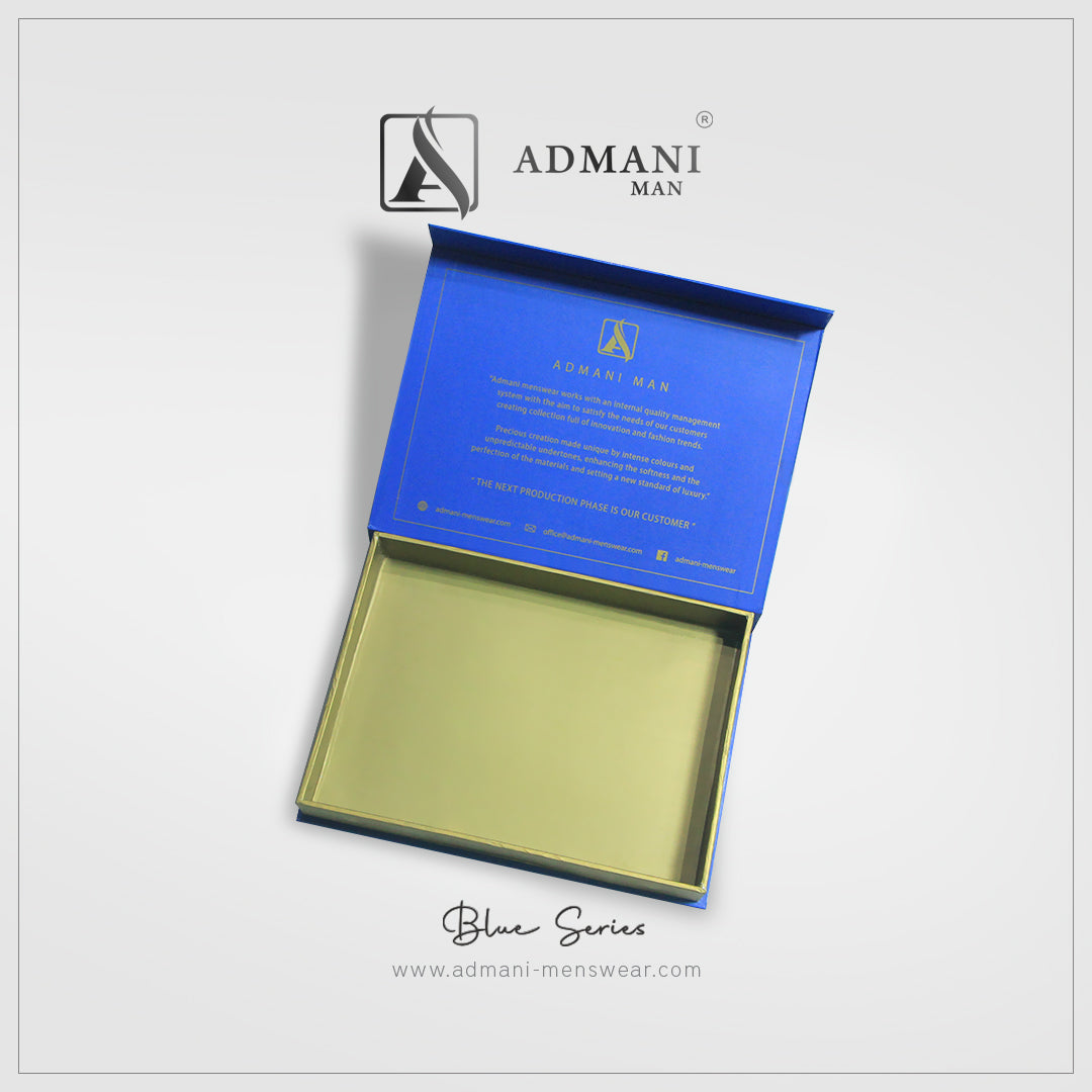 Blue Series open box showing gold luxury interior with magnetic closure for mens clothing pakistan by Admani Menswear