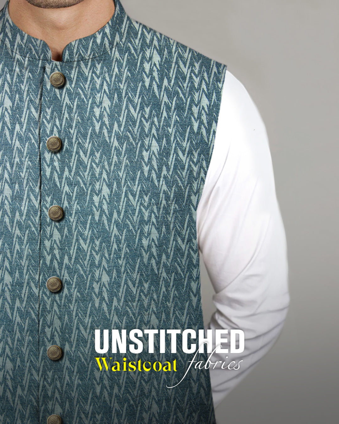 Elite Collection D#02 teal unstitched waistcoat fabric worn over white kurta by Admani Man