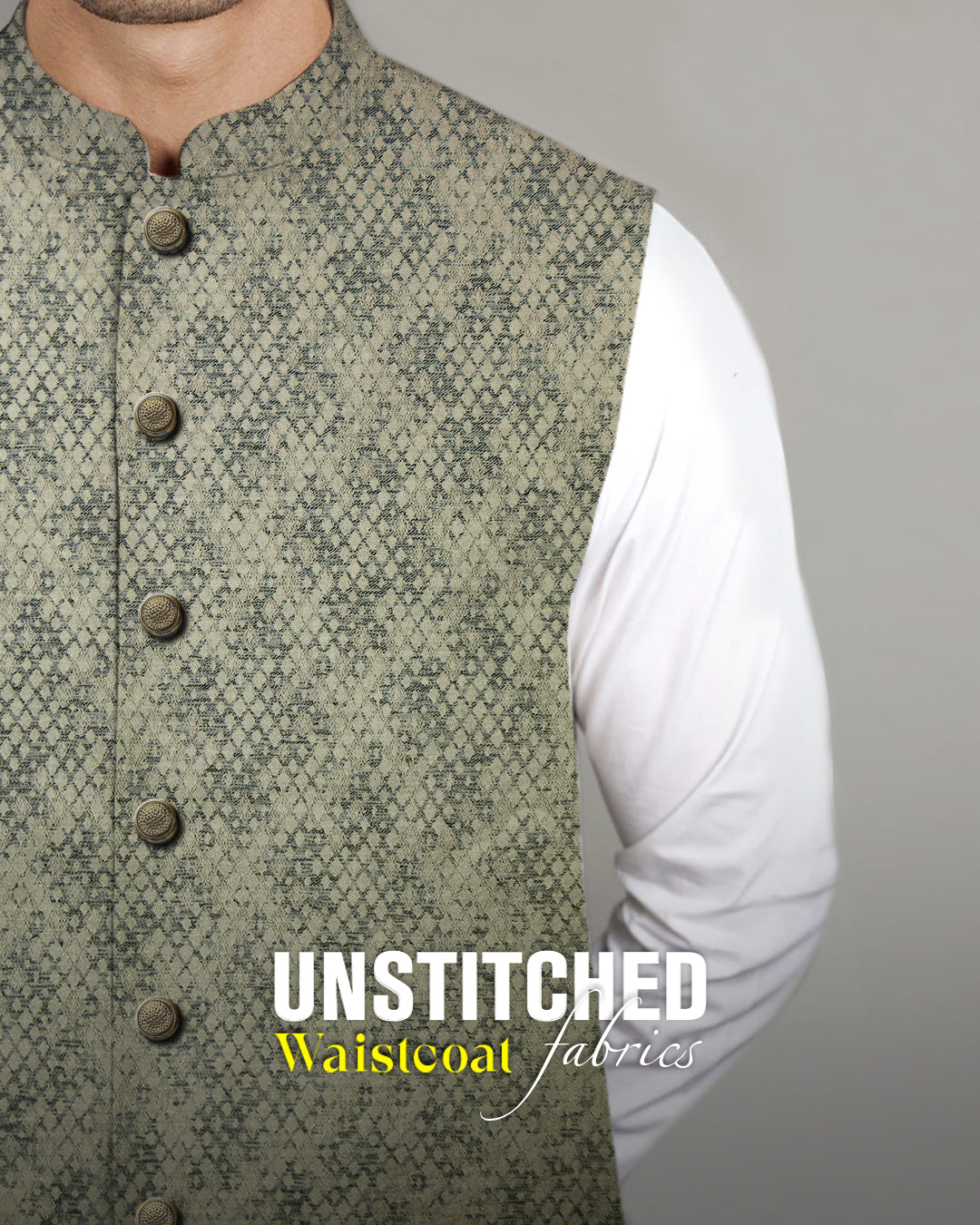 Admani Man Elite Collection D#03 beige textured waistcoat over white kurta - Premium unstitched menswear fabric with geometric weave for shalwar kameez