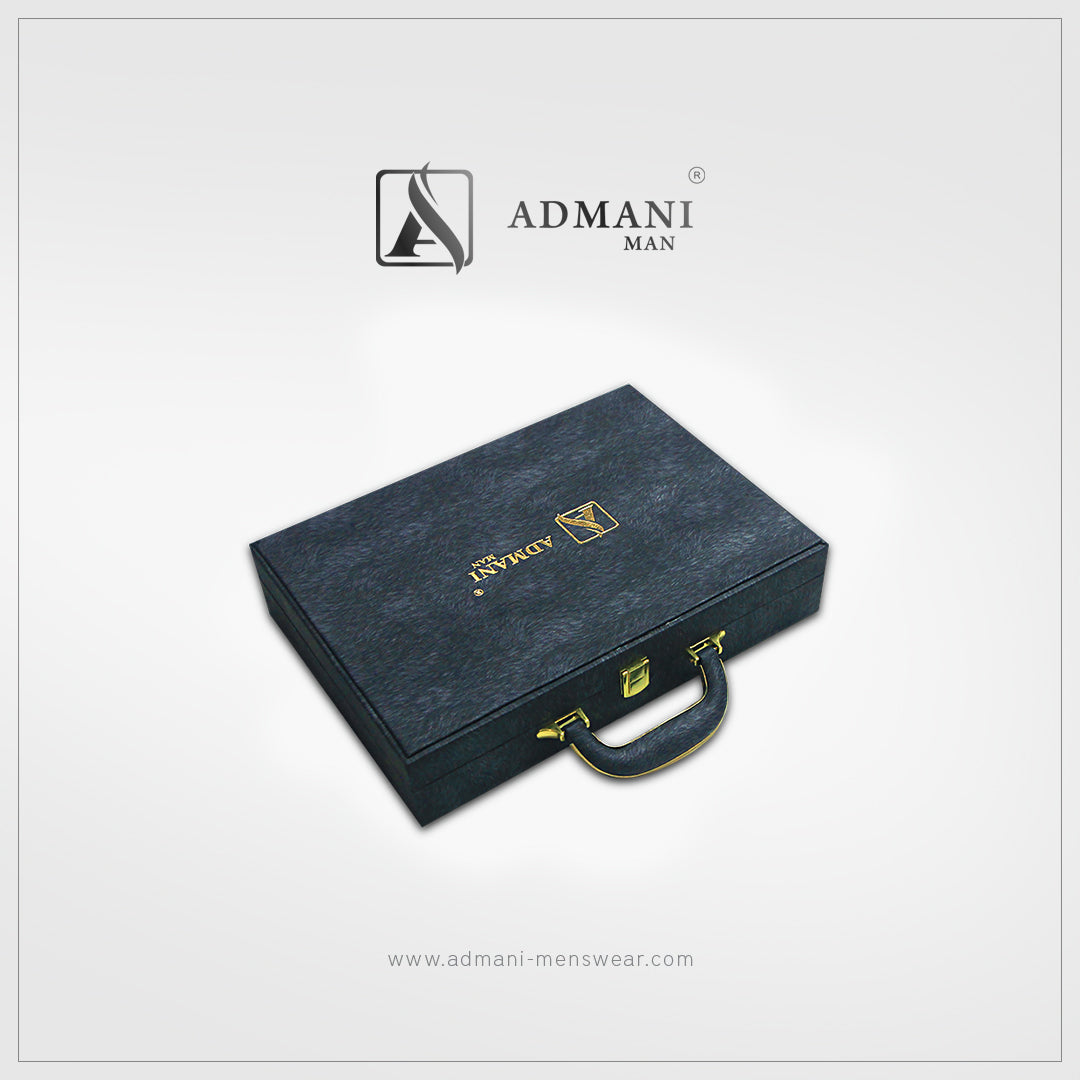 Exclusive Box 5 premium rigid single-compartment packaging with refined edge detailing for unstitched fabric menswear shalwar kameez by Admani Menswear Pakistan