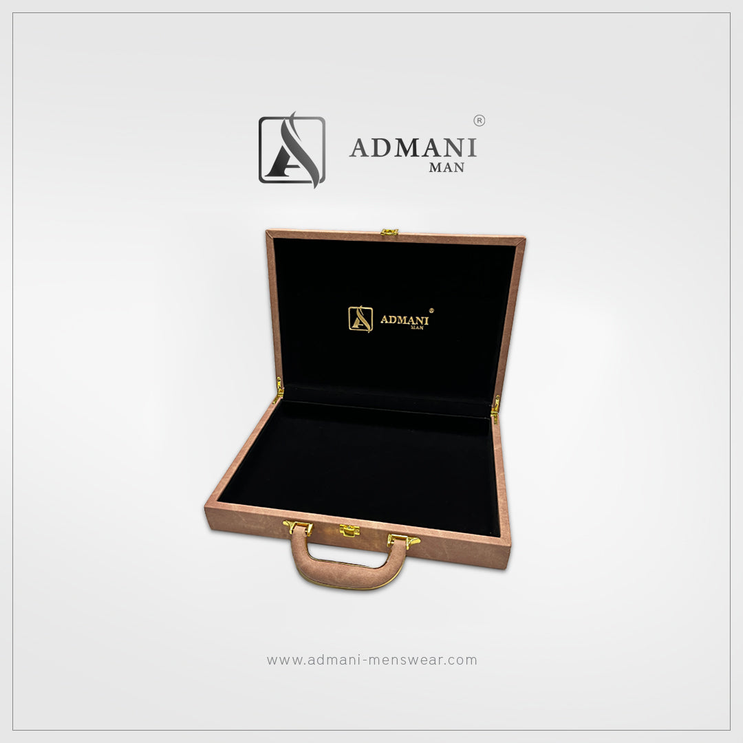 Exclusive Box 7 vintage briefcase open showing black velvet luxury interior with gold lock closure for mens clothing pakistan by Admani Menswear