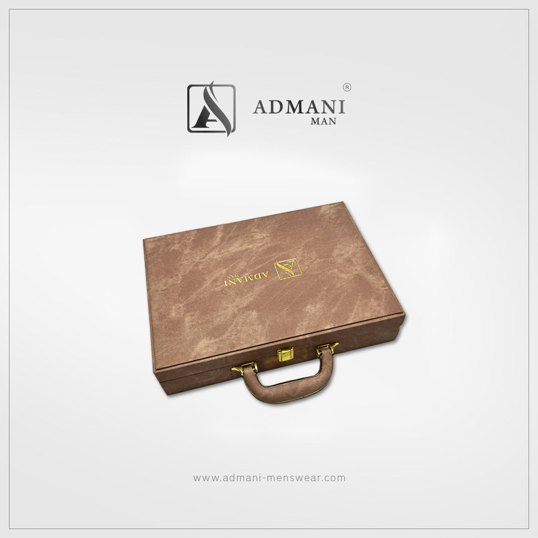 Exclusive Box 7 premium vintage brown briefcase-style gift box with handle and gold lock for unstitched fabric menswear shalwar kameez by Admani Menswear Pakistan