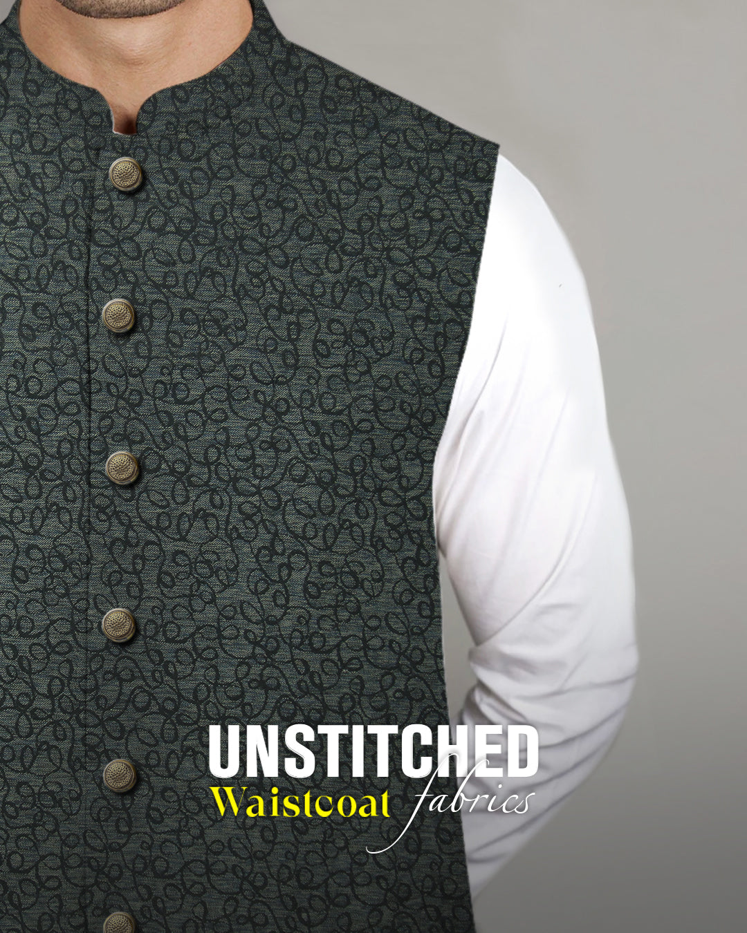 Creek Collection D#01 teal unstitched waistcoat fabric worn over white kurta by Admani Man