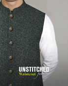 Creek Collection D#01 teal unstitched waistcoat fabric worn over white kurta by Admani Man