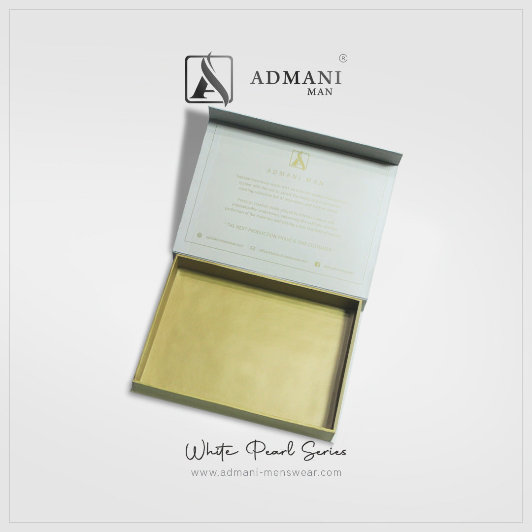 White Pearl Series open box showing gold luxury interior with magnetic closure for mens clothing pakistan by Admani Menswear
