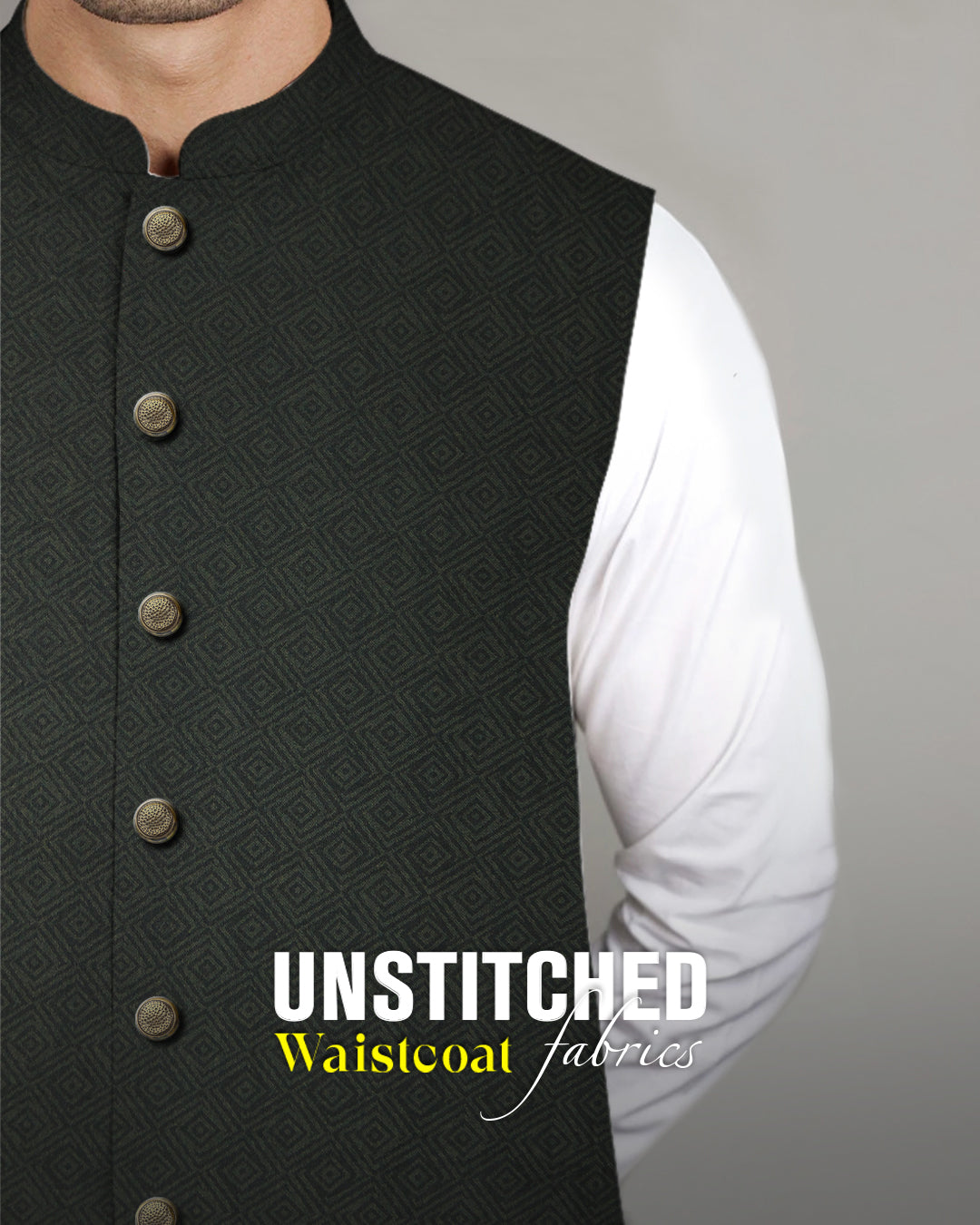 Admani premium unstitched menswear waistcoat fabric in a black diamond geometric pattern weave paired with metal buttons and white shalwar kameez.