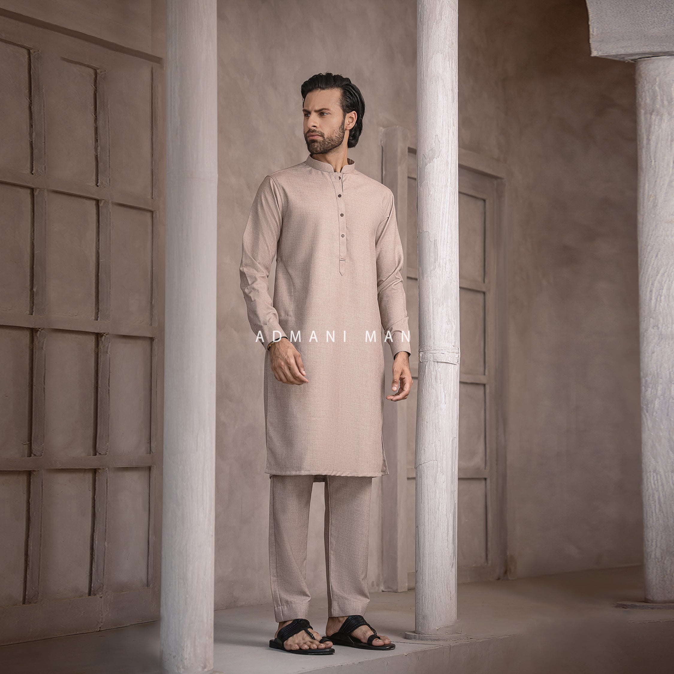 Admani Man premium beige kurta with pants - Unstitched fabric for menswear shalwar kameez in Pakistan with minimalist architectural styling