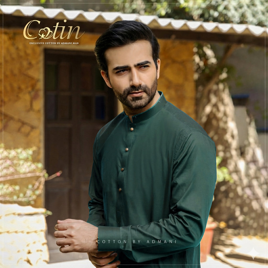 Cotton by Admani premium dark green kurta - Unstitched cotton fabric for menswear shalwar kameez in Pakistan