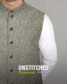 Admani Man Elite Collection D#03 premium unstitched menswear waistcoat fabric showcasing an elegant beige geometric diamond weave pattern.