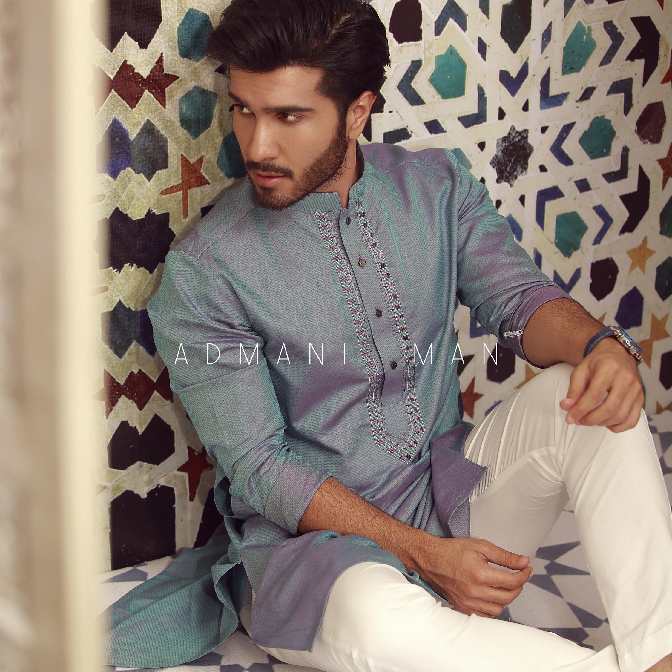 Admani Man featuring Pakistani actor Feroz Khan in premium light blue kurta - Unstitched fabric for menswear shalwar kameez in Pakistan