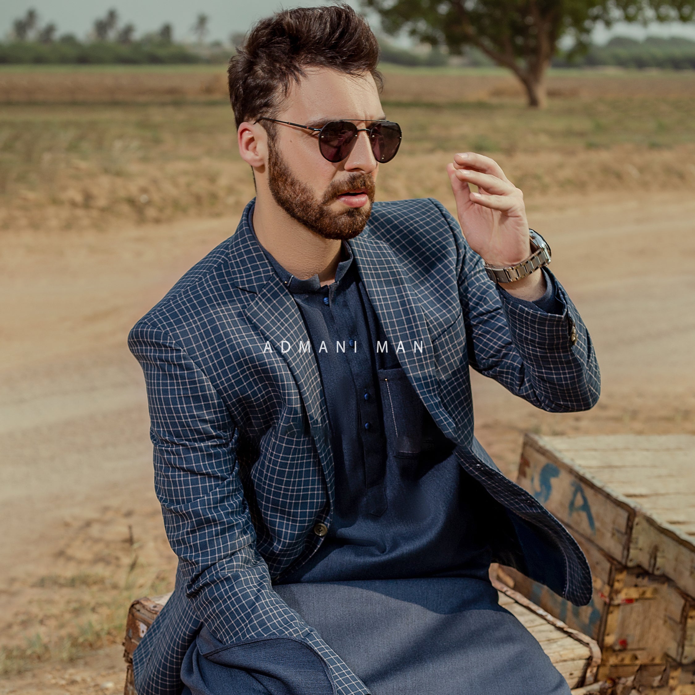 Admani Man premium navy blue checkered blazer with kurta - Formal menswear shalwar kameez in Pakistan outdoor styling