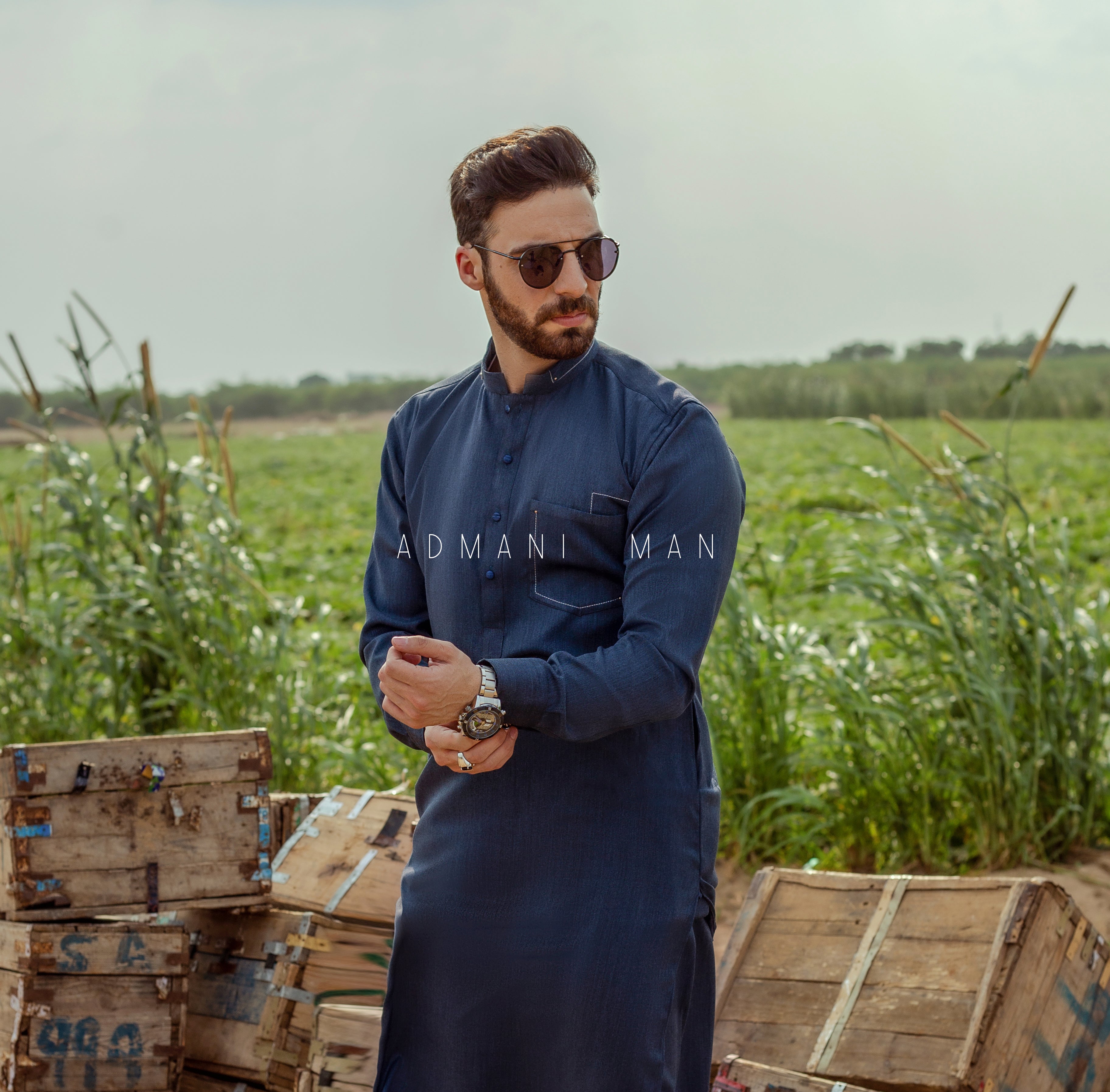 Admani Man premium navy blue kurta - Unstitched fabric for menswear shalwar kameez in Pakistan with rustic outdoor styling