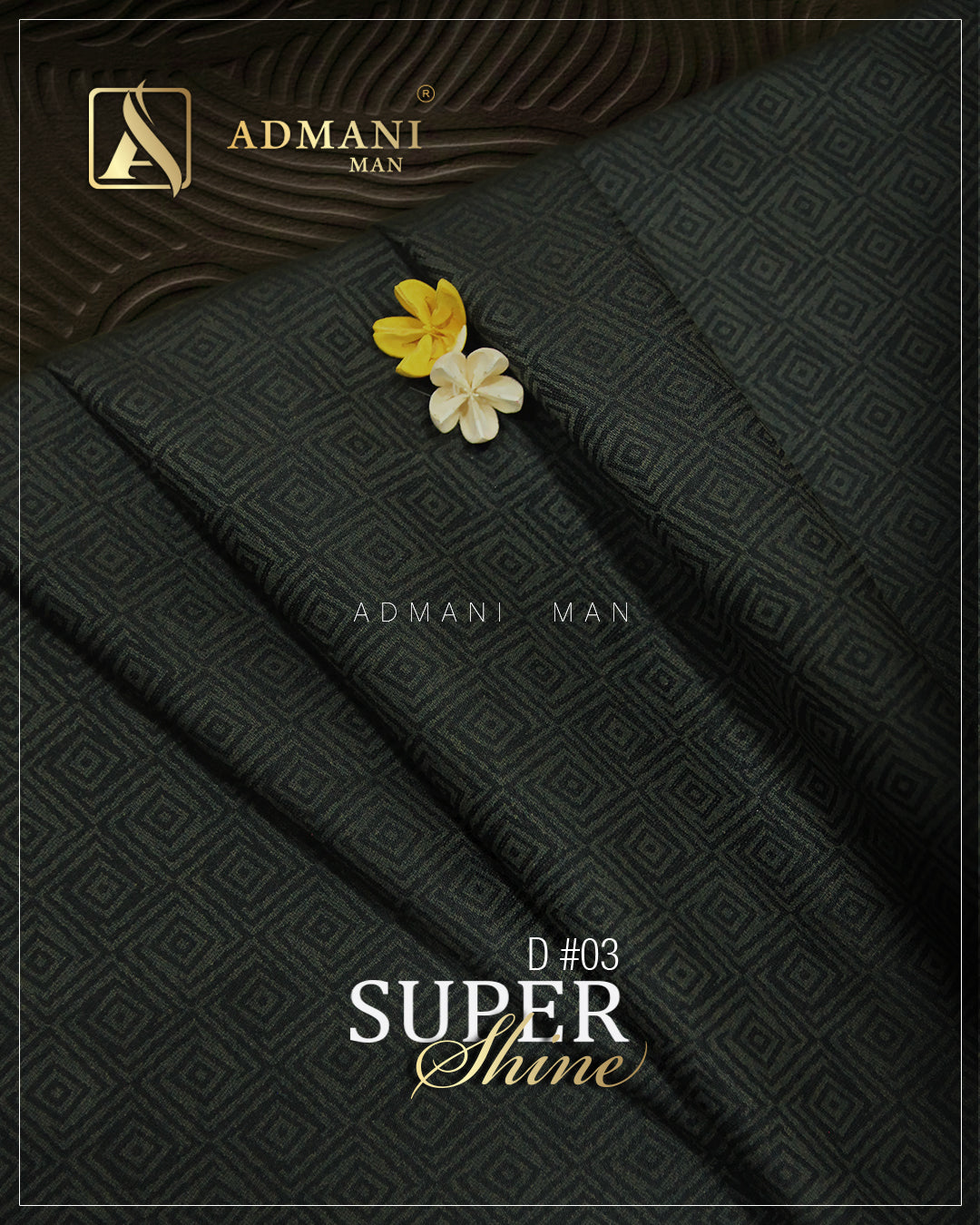 Admani Man Super Shine D #03 premium unstitched menswear fabric showing a luxury dark gray diamond square geometric pattern weave.