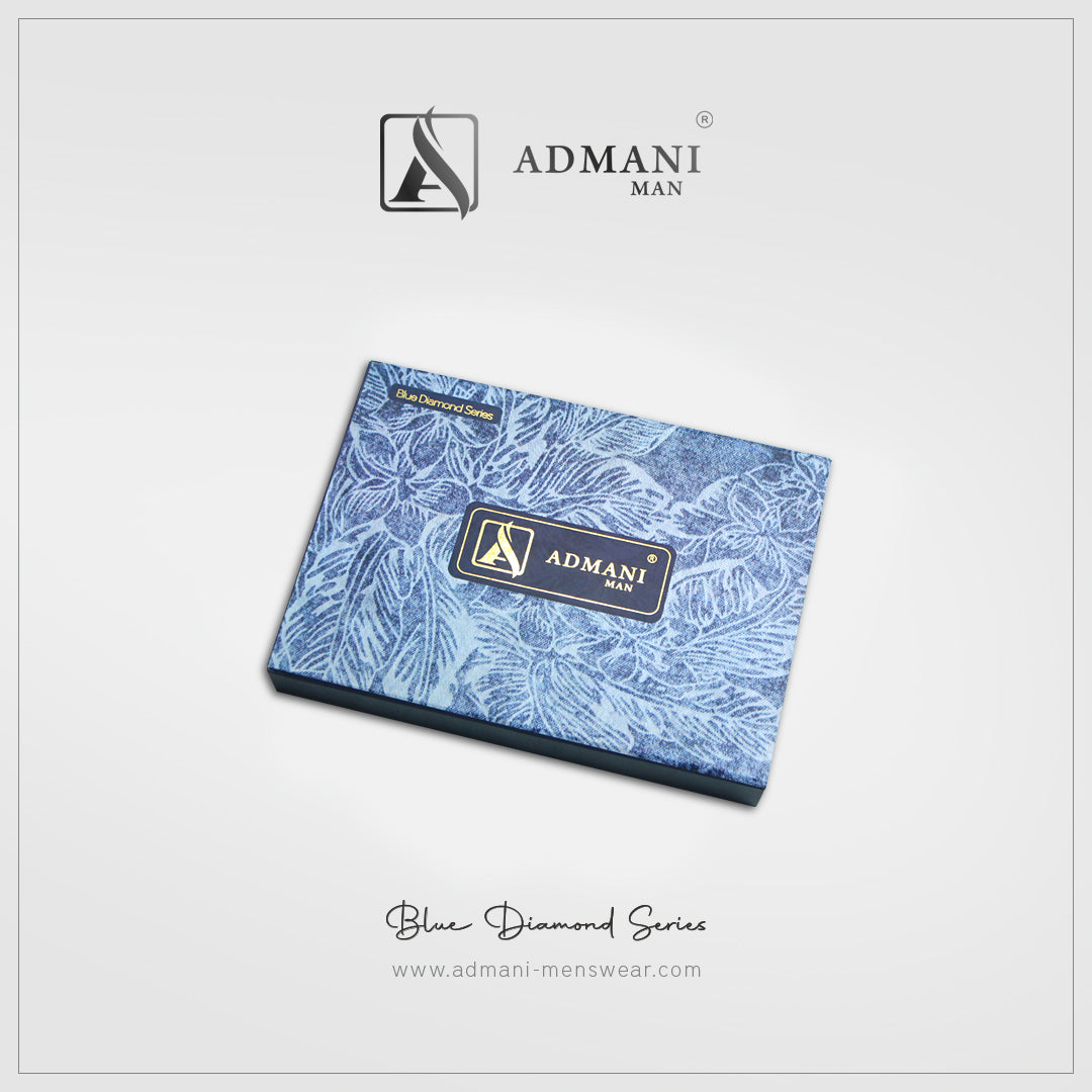 Blue Diamond Series premium rigid gift box with blue diamond geometric pattern for unstitched fabric menswear shalwar kameez by Admani Menswear Pakistan