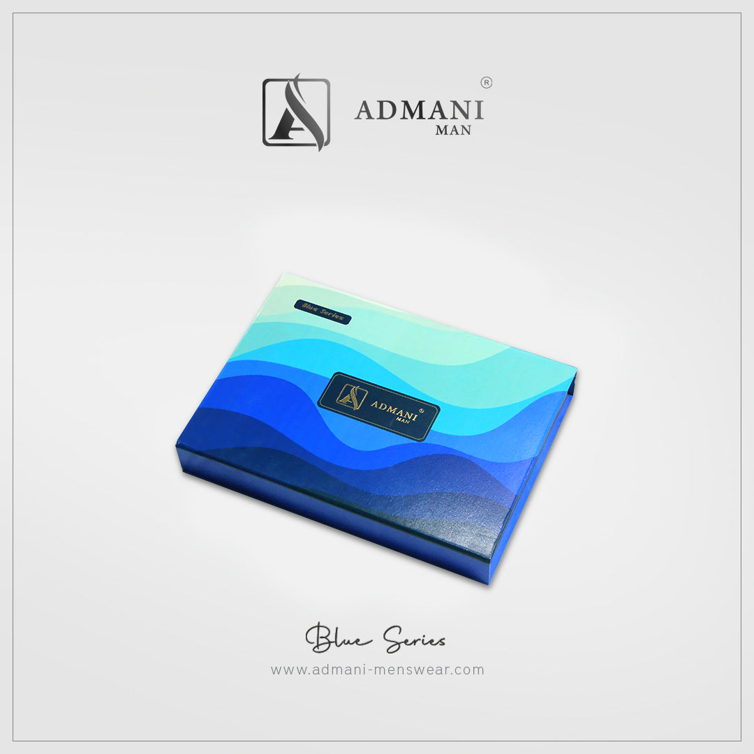 Blue Series premium rigid gift box with blue gradient wave ombre design for unstitched fabric menswear shalwar kameez by Admani Menswear Pakistan