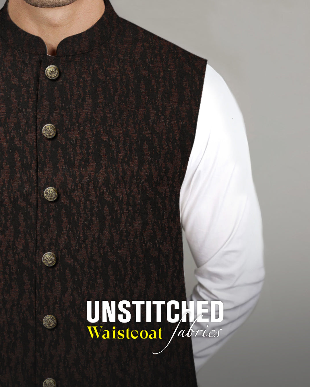 Creek Collection D#04 Unstitched Waistcoat Fabric for Menswear Shalwar Kameez by Admani Man Pakistan - brown patterned formal waistcoat with white kurta styling