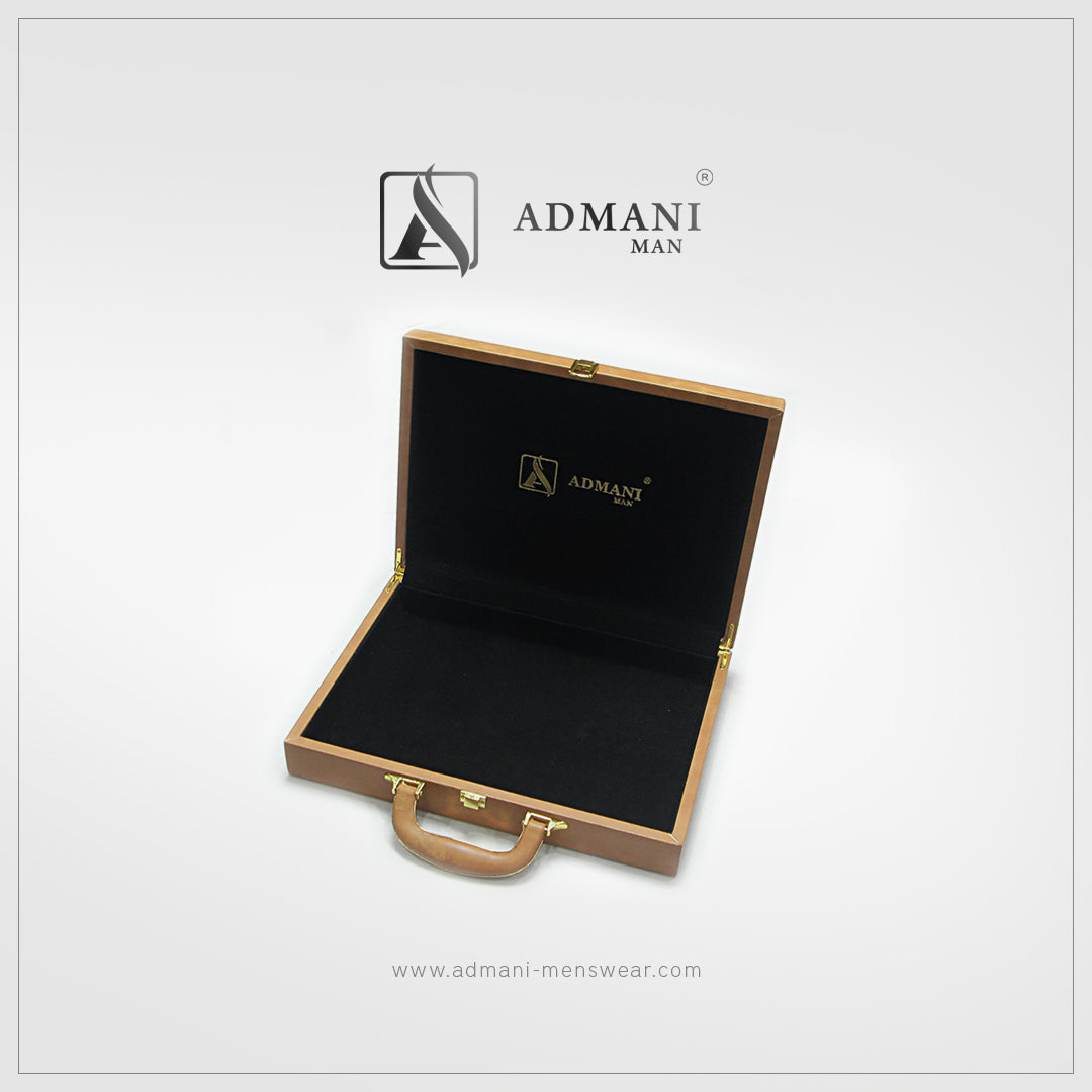 Exclusive Box 1 tan briefcase open showing black velvet luxury interior with gold lock closure for mens clothing pakistan by Admani Menswear