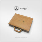 Exclusive Box 1 premium tan camel brown briefcase-style gift box with handle and gold lock for unstitched fabric menswear shalwar kameez by Admani Menswear Pakistan