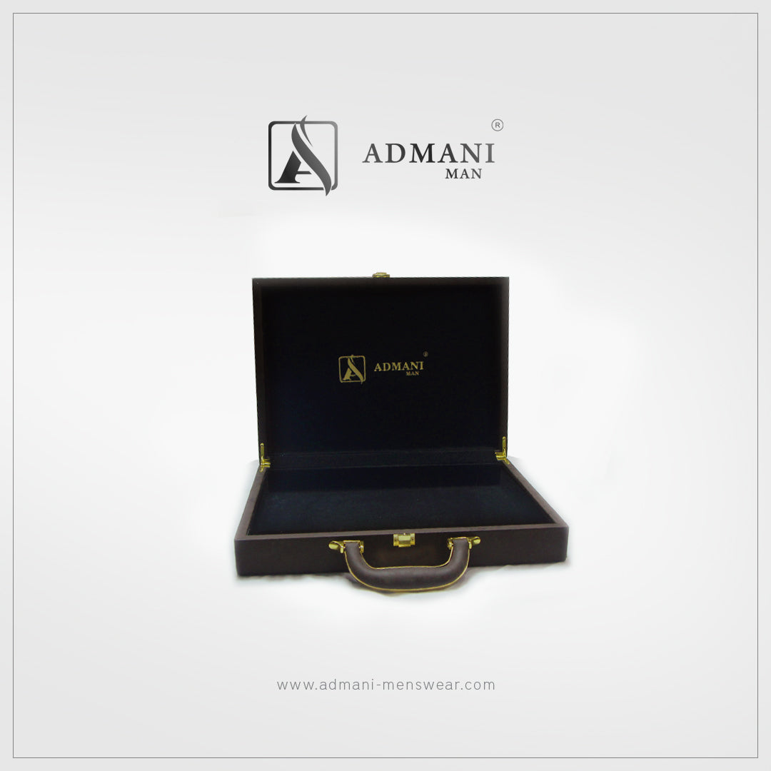 Exclusive Box 3 chocolate brown briefcase open showing black velvet luxury interior with gold lock closure for mens clothing pakistan by Admani Menswear