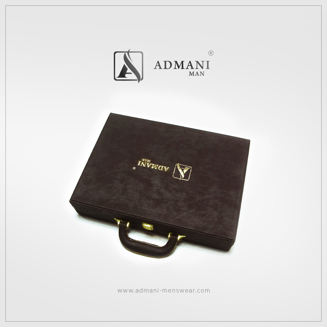 Exclusive Box 3 premium dark chocolate brown briefcase-style gift box with handle and gold lock for unstitched fabric menswear shalwar kameez by Admani Menswear Pakistan