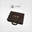 Exclusive Box 3 premium dark chocolate brown briefcase-style gift box with handle and gold lock for unstitched fabric menswear shalwar kameez by Admani Menswear Pakistan