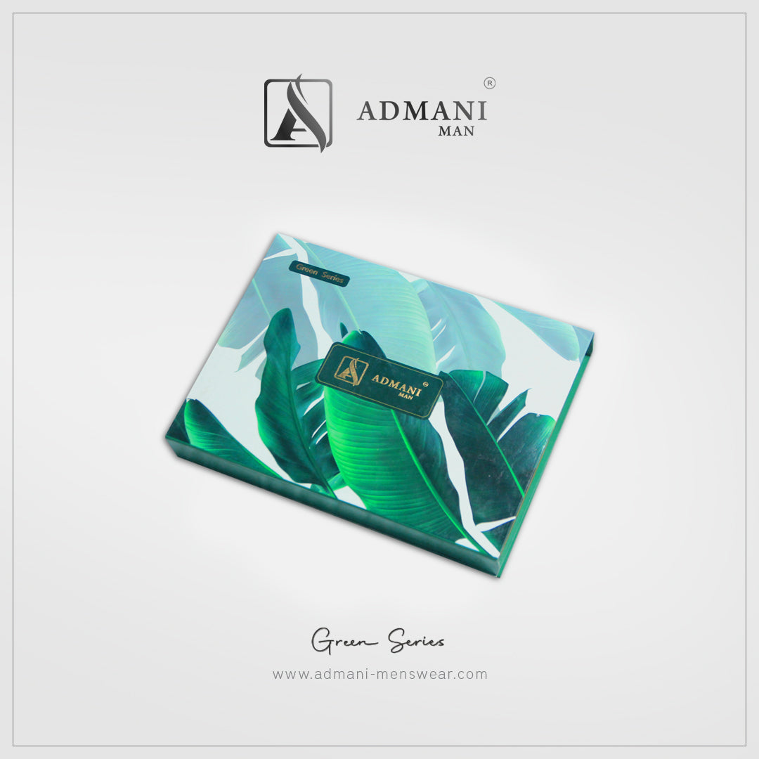 Green Series premium rigid gift box with tropical green leaf botanical design for unstitched fabric menswear shalwar kameez by Admani Menswear Pakistan