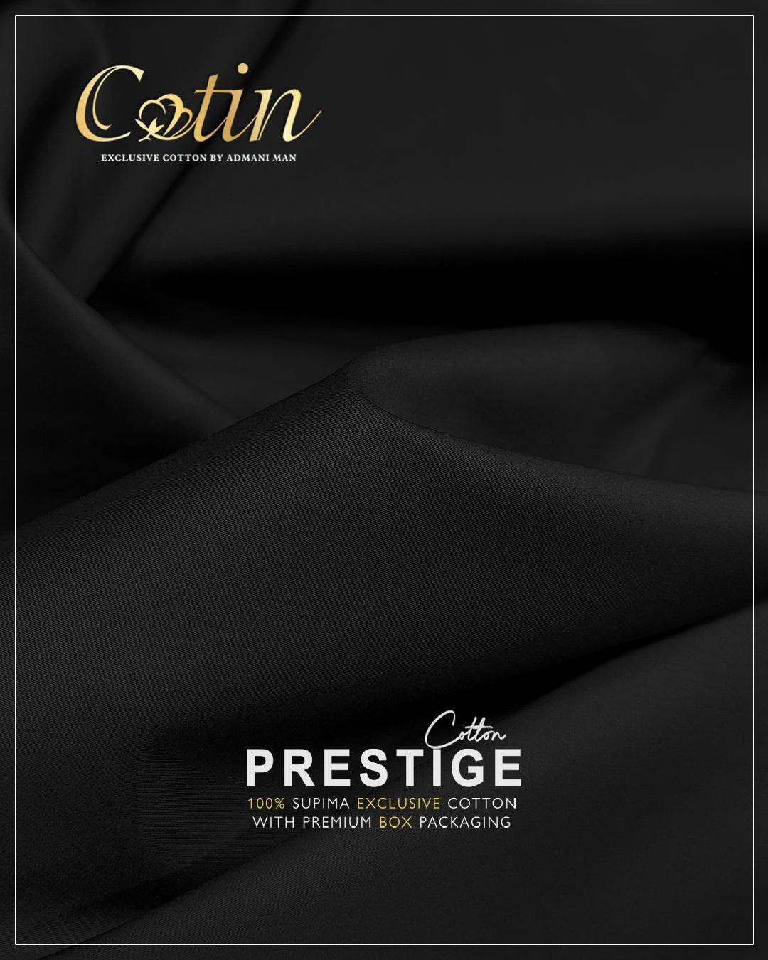 Black Supima cotton fabric by Admani Menswear with premium packaging for luxury shalwar kameez.