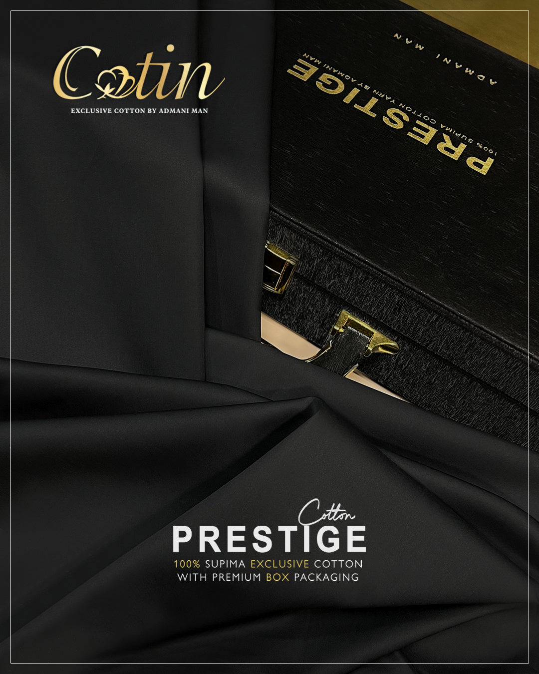 Prestige Supima cotton fabric with Admani Menswear premium packaging and elegant black box.