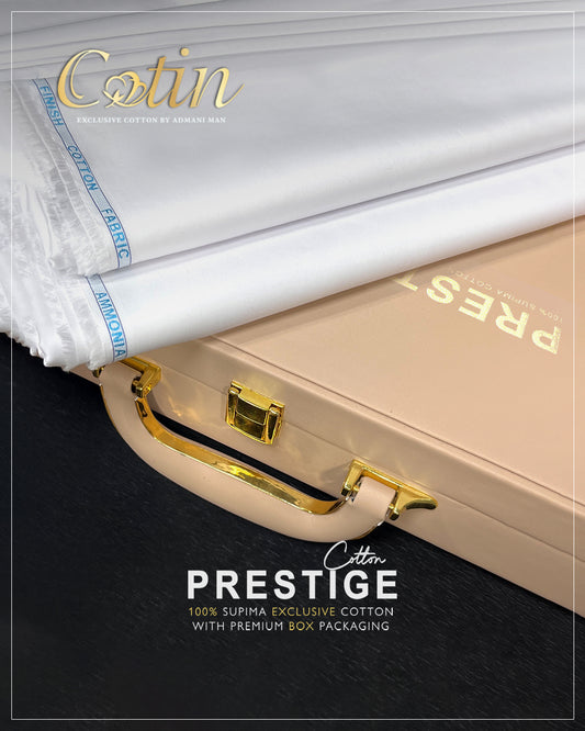 Prestige Supima White Cotton fabric with premium packaging and a luxury briefcase by Admani Menswear.