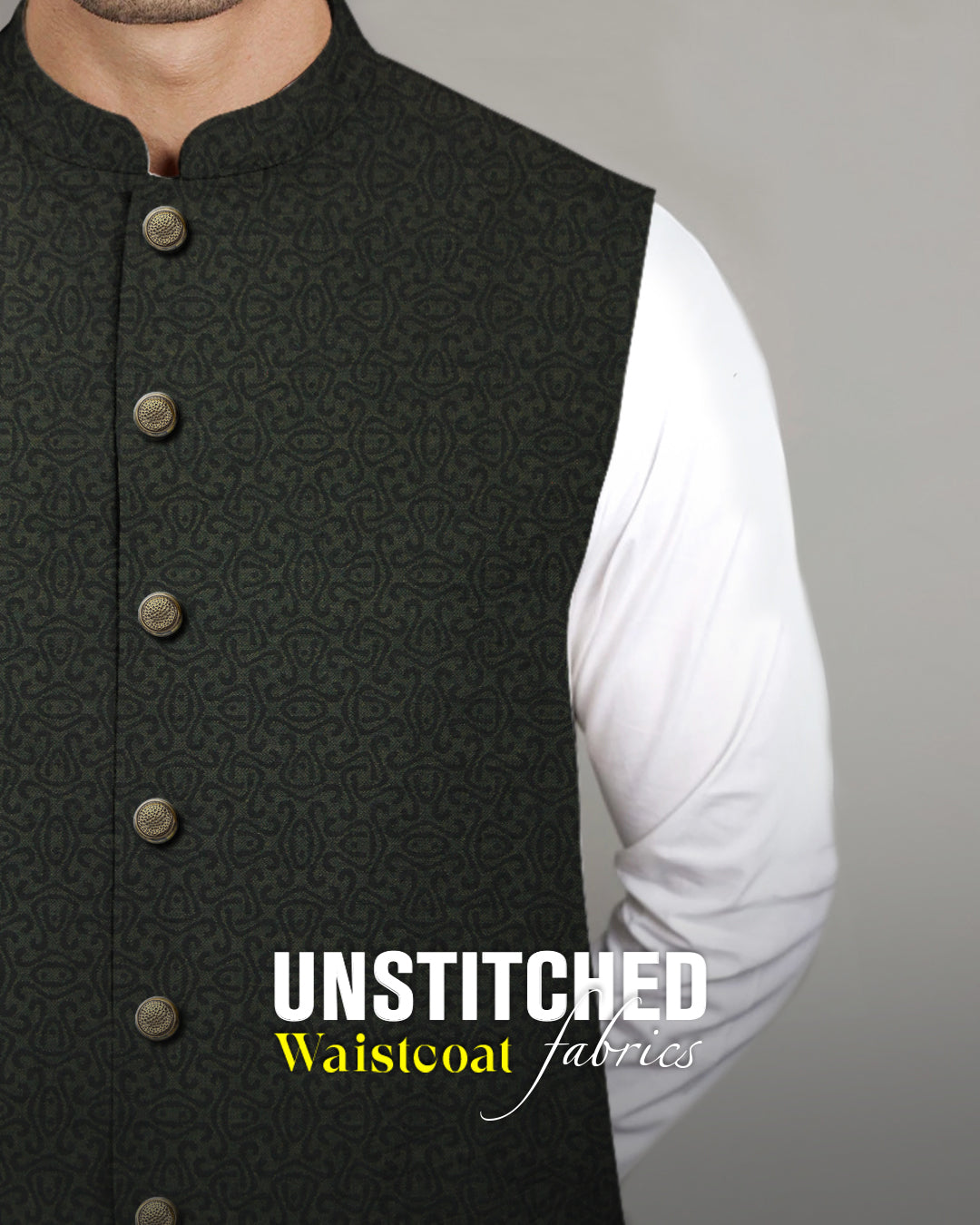 Admani Man Super Shine D#02 dark patterned waistcoat over white kurta - Premium unstitched menswear fabric with refined sheen for shalwar kameez